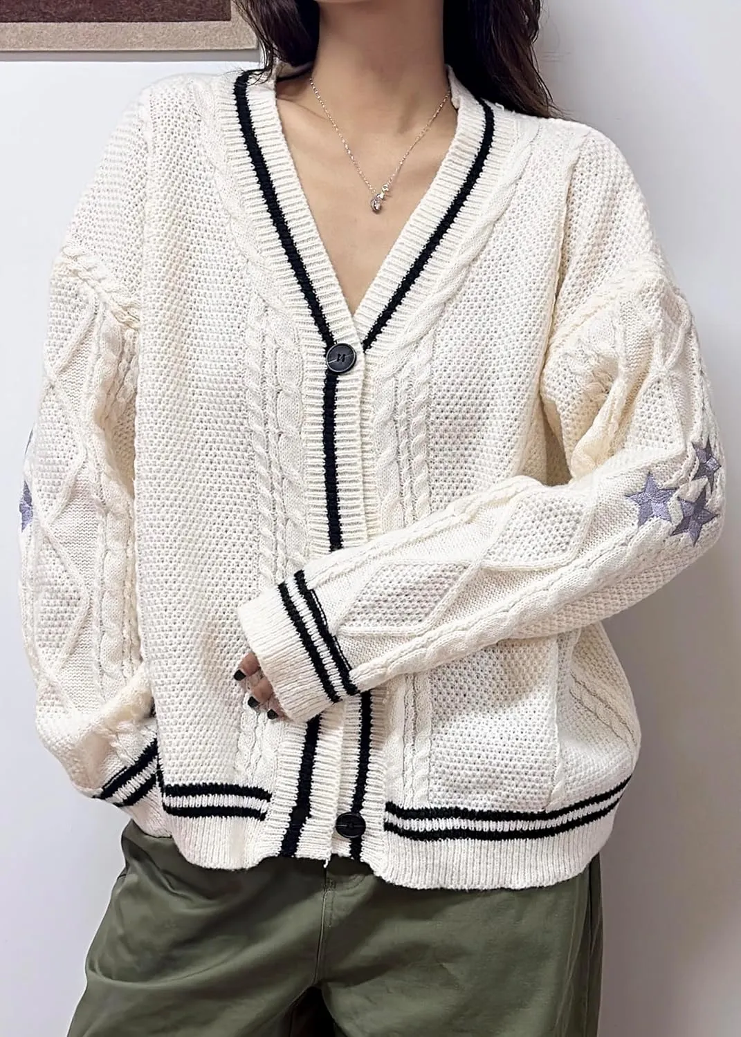 Women's Cardigan Star Embroidery Knit Open Front Cardigan V Neck Long Sleeve Oversized Button Sweater Coat Outwear