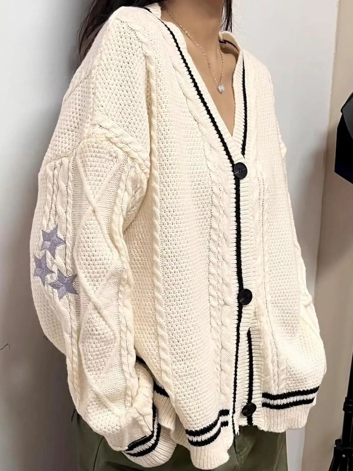 Women's Cardigan Star Embroidery Knit Open Front Cardigan V Neck Long Sleeve Oversized Button Sweater Coat Outwear