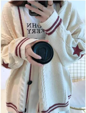 Women's Cardigan Star Embroidery Knit Open Front Cardigan V Neck Long Sleeve Oversized Button Sweater Coat Outwear