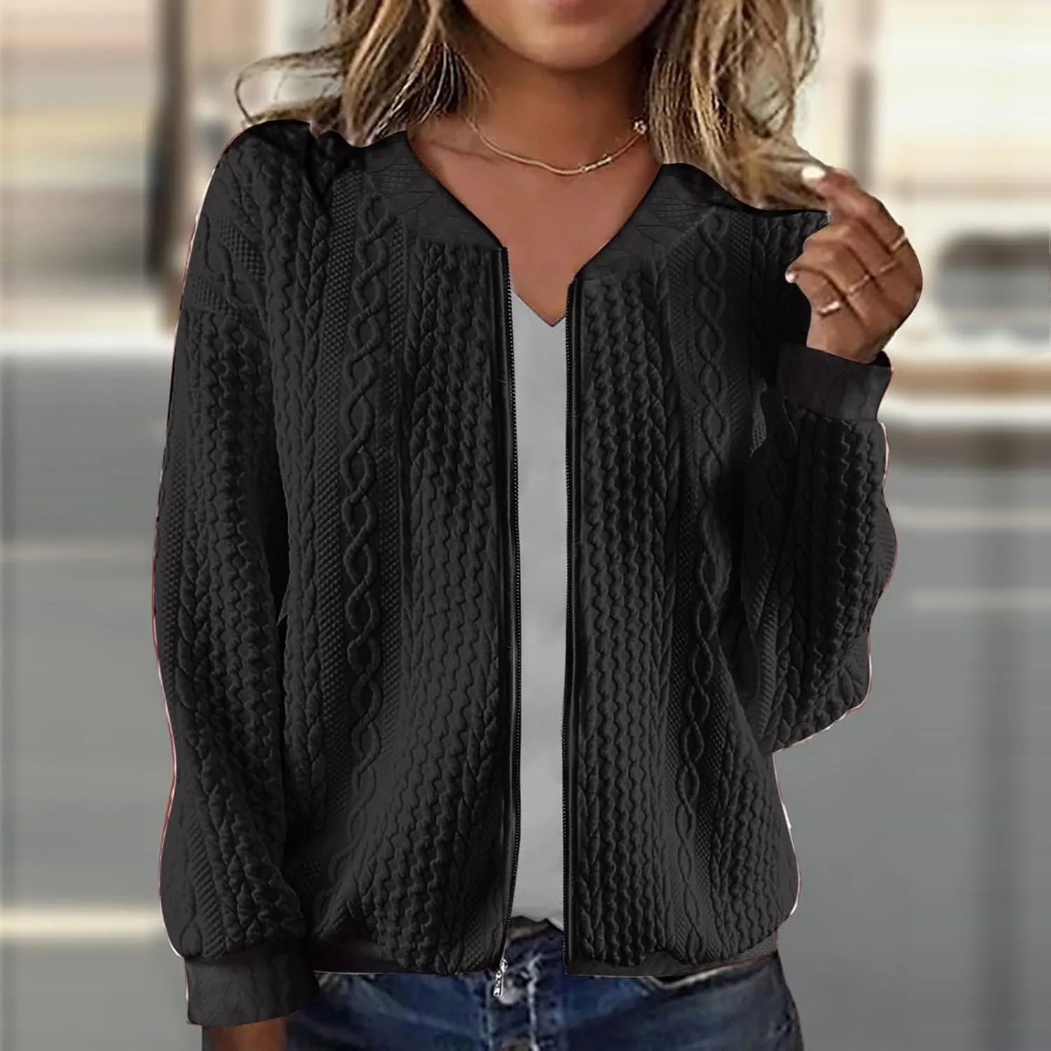 Women's Cardigan Zip Up Cable Knit Long Sleeve Trendy Y2K Sweater Jacket Crewneck Casual Teen Girls Coat 2024 Fall