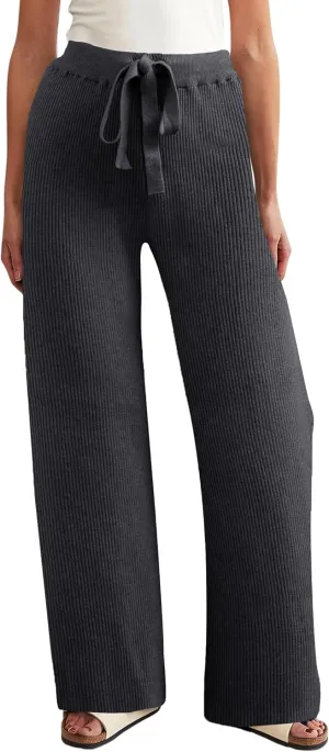 Women's Casual Wide Leg Pants Fall Winter Elastic Waist Loose Rib Knit Lounge Palazzo Trousers High Waist Sweater Pant