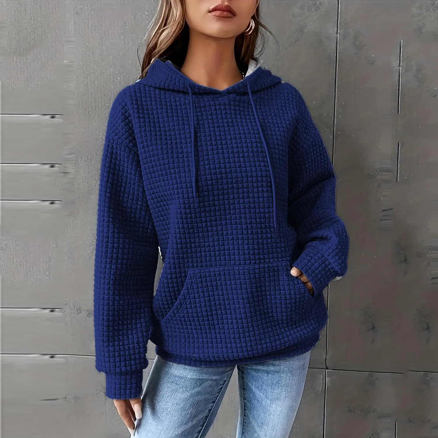 Womens Comfort Hoodies for Anxiety Casual Long Sleeve Drawstring Waffle Pullover Loose Hooded Sweatshirt with Pocket