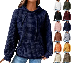 Womens Comfort Hoodies for Anxiety Casual Long Sleeve Drawstring Waffle Pullover Loose Hooded Sweatshirt with Pocket