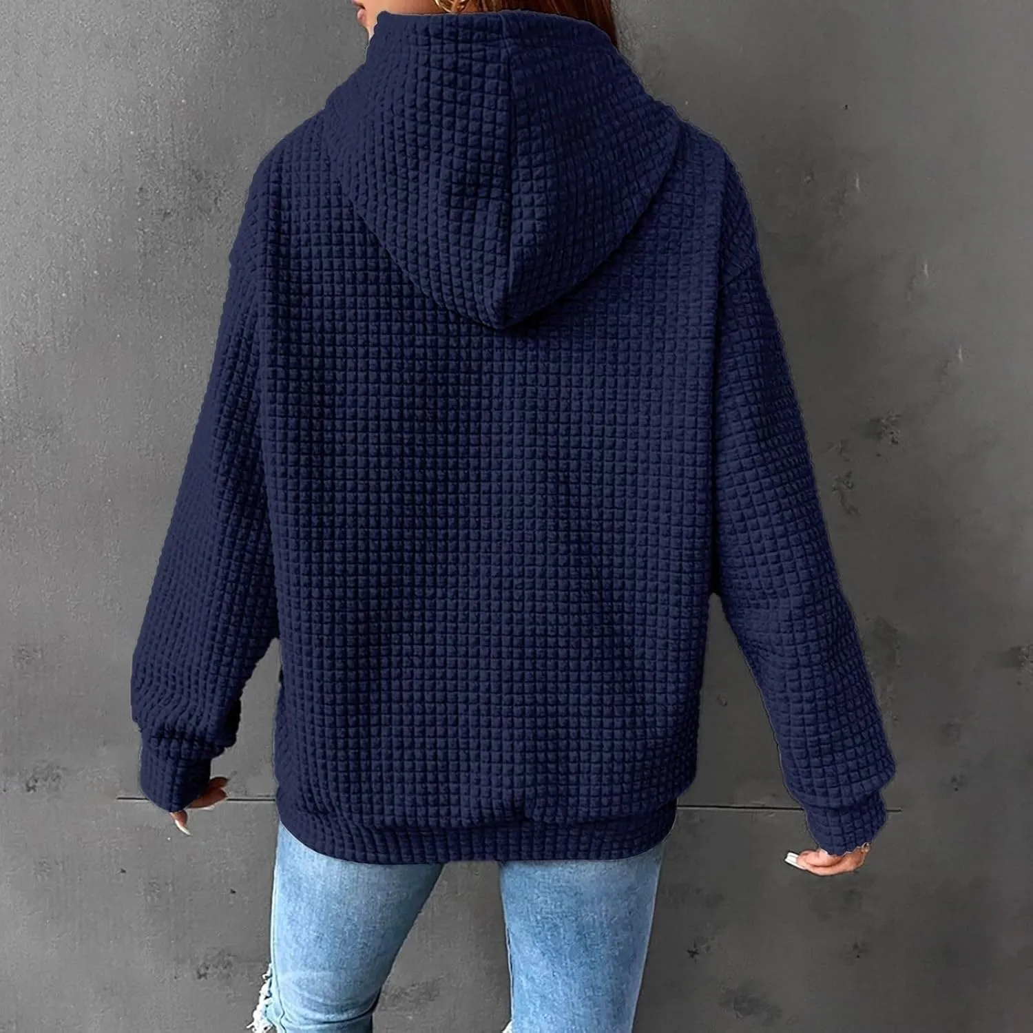 Womens Comfort Hoodies for Anxiety Casual Long Sleeve Drawstring Waffle Pullover Loose Hooded Sweatshirt with Pocket