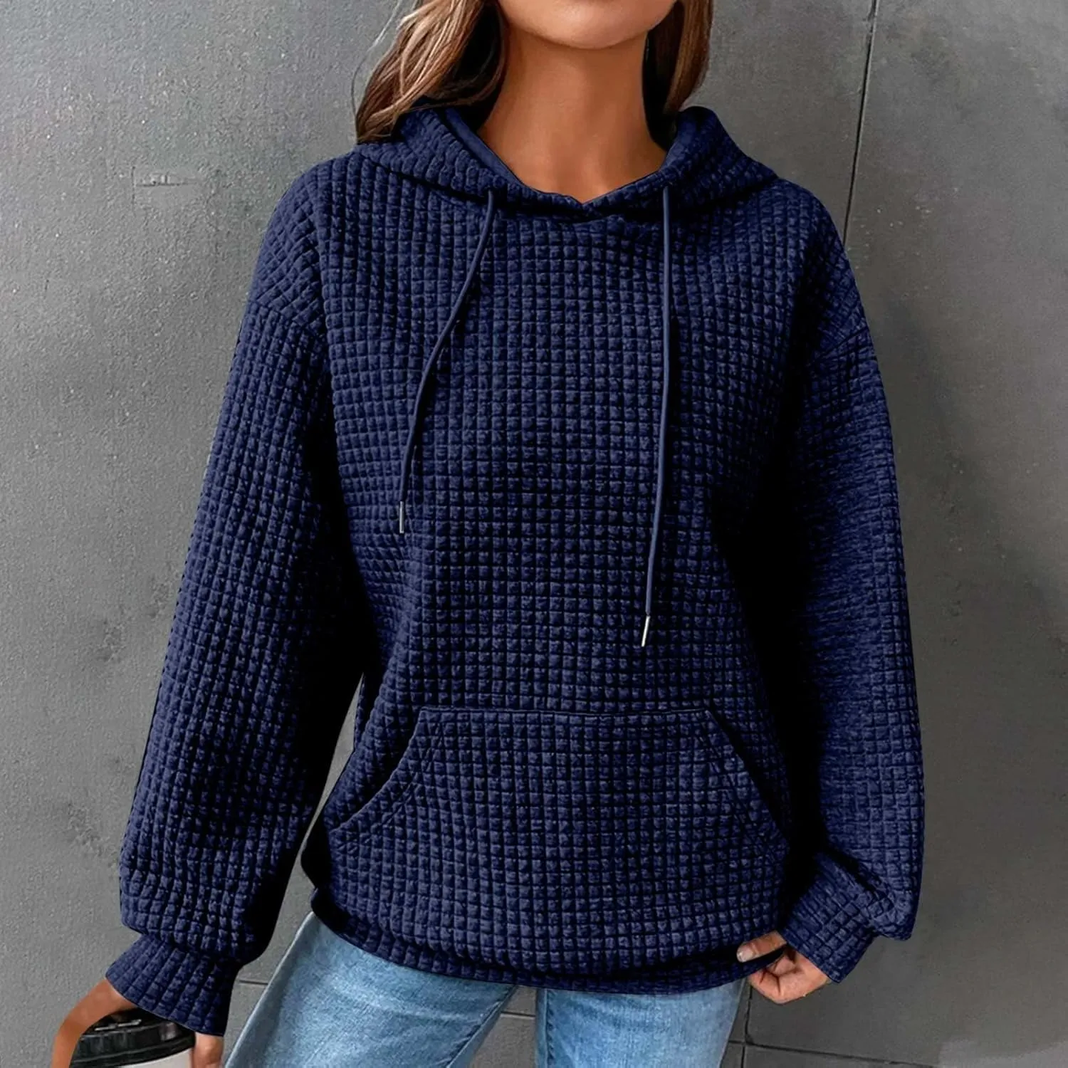 Womens Comfort Hoodies for Anxiety Casual Long Sleeve Drawstring Waffle Pullover Loose Hooded Sweatshirt with Pocket