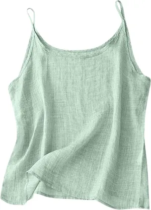 Womens Cotton Linen Tank Tops Summer Cute Sleeveless Cami Shirts Spaghetti Strap Gauzy Camisoles Casual Basic Tanks