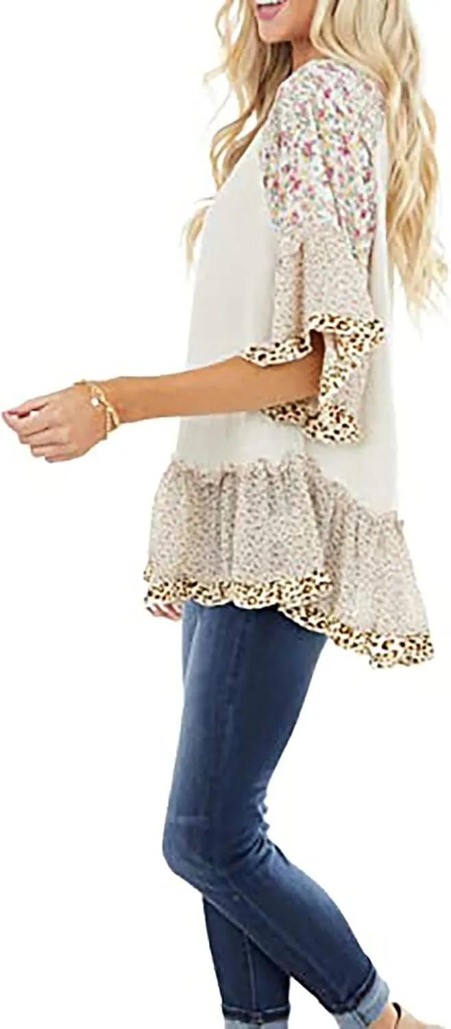 Womens Crew Neck Casual Pullover 3/4 Sleeve Boho Floral Blouses Loose Tops Shirt Sweatshirts S - 5XL