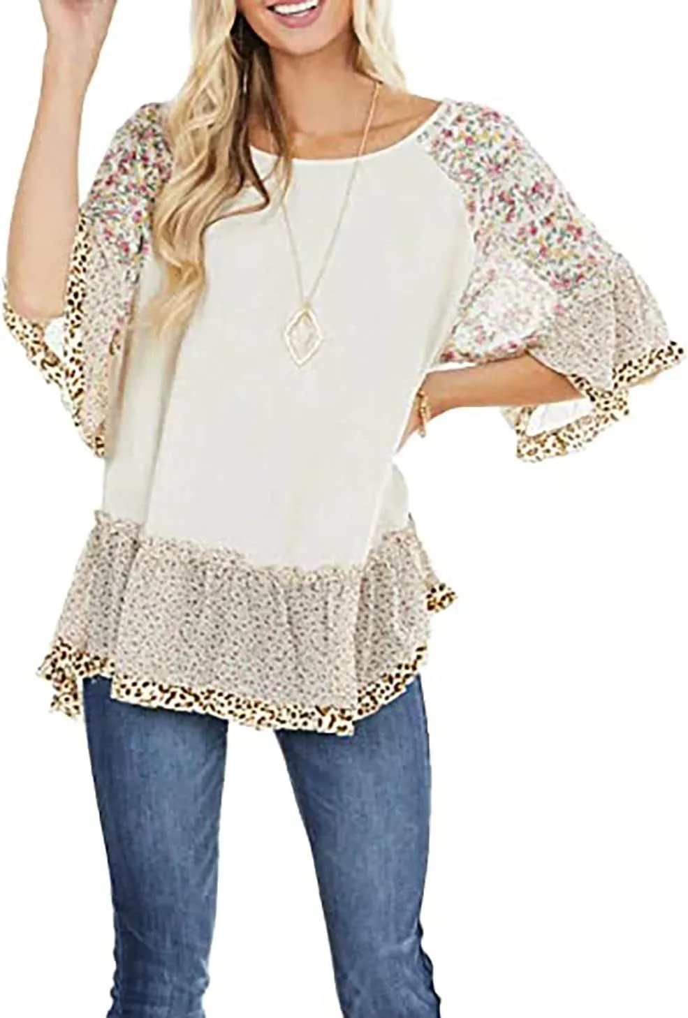 Womens Crew Neck Casual Pullover 3/4 Sleeve Boho Floral Blouses Loose Tops Shirt Sweatshirts S - 5XL