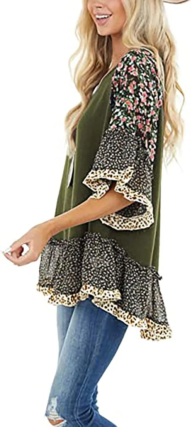 Womens Crew Neck Casual Pullover 3/4 Sleeve Boho Floral Blouses Loose Tops Shirt Sweatshirts S - 5XL