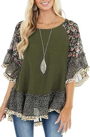 Womens Crew Neck Casual Pullover 3/4 Sleeve Boho Floral Blouses Loose Tops Shirt Sweatshirts S - 5XL