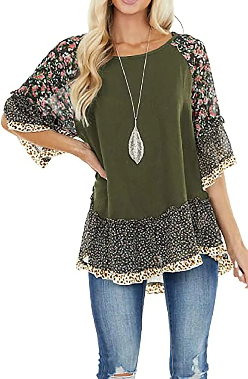 Womens Crew Neck Casual Pullover 3/4 Sleeve Boho Floral Blouses Loose Tops Shirt Sweatshirts S - 5XL