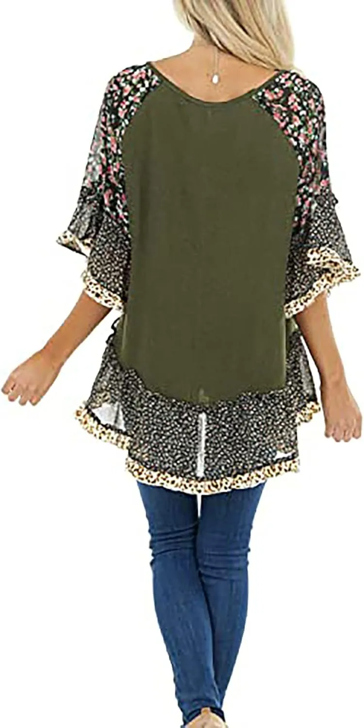 Womens Crew Neck Casual Pullover 3/4 Sleeve Boho Floral Blouses Loose Tops Shirt Sweatshirts S - 5XL