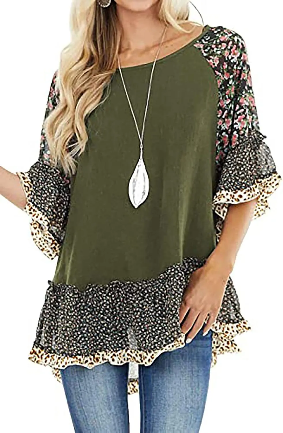 Womens Crew Neck Casual Pullover 3/4 Sleeve Boho Floral Blouses Loose Tops Shirt Sweatshirts S - 5XL