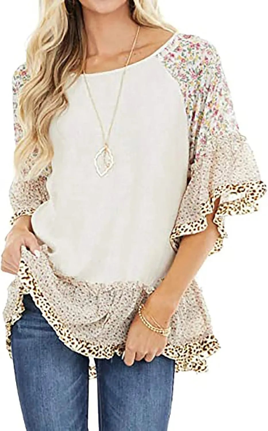 Womens Crew Neck Casual Pullover 3/4 Sleeve Boho Floral Blouses Loose Tops Shirt Sweatshirts S - 5XL