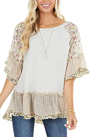 Womens Crew Neck Casual Pullover 3/4 Sleeve Boho Floral Blouses Loose Tops Shirt Sweatshirts S - 5XL