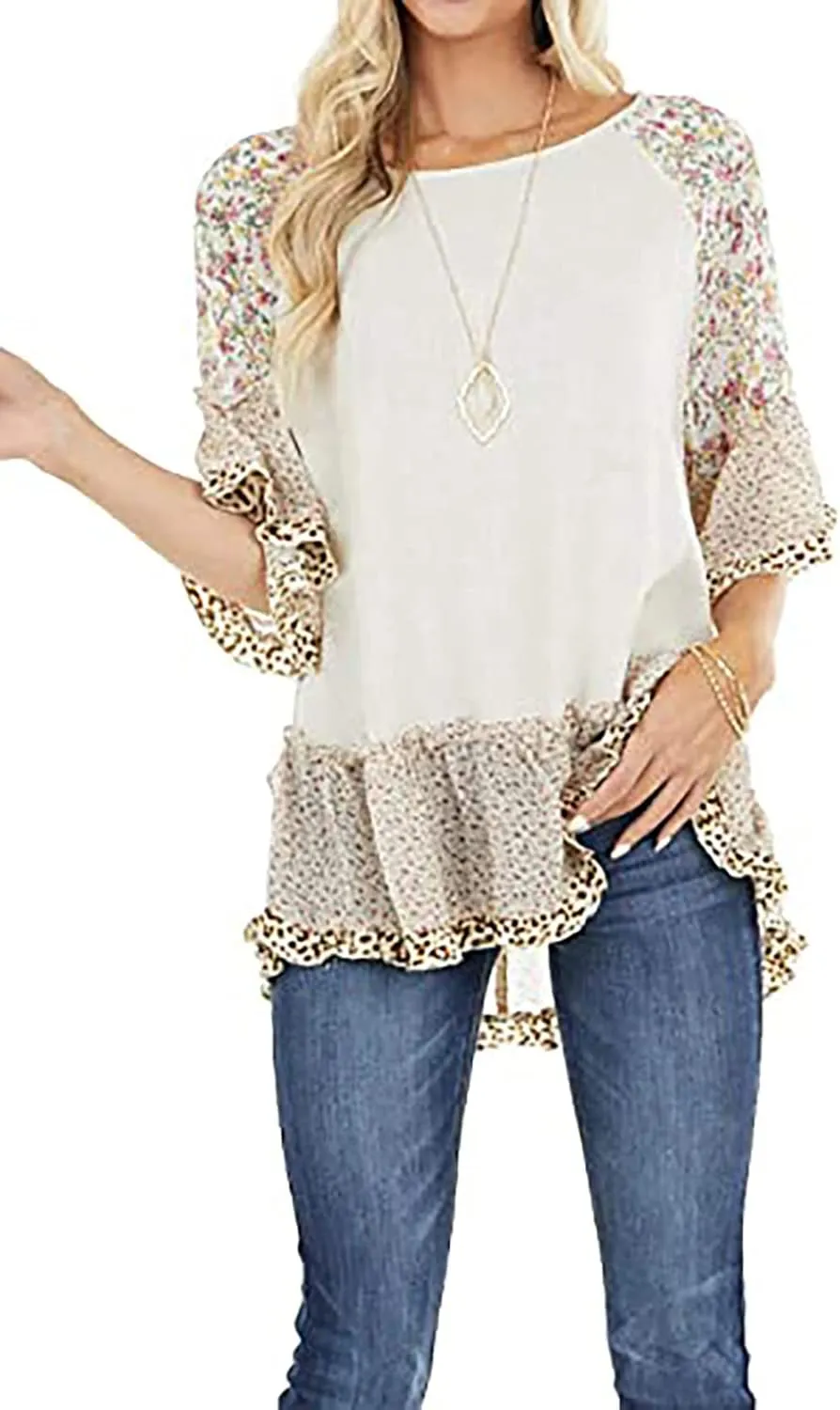 Womens Crew Neck Casual Pullover 3/4 Sleeve Boho Floral Blouses Loose Tops Shirt Sweatshirts S - 5XL