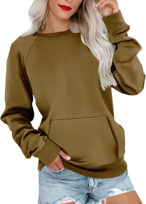 Womens Crewneck Sweatshirts Baggy Raglan Pullover Tops Lightweight Comfy Preppy Sweatshirt Fall Clothes with Pockets