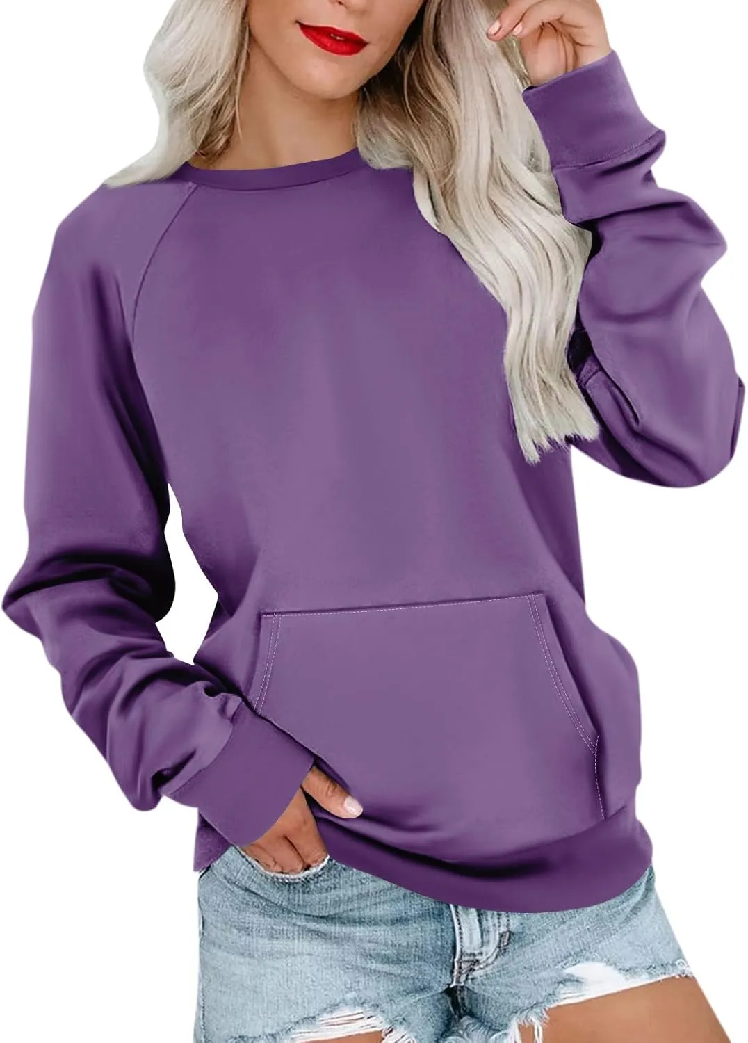 Womens Crewneck Sweatshirts Baggy Raglan Pullover Tops Lightweight Comfy Preppy Sweatshirt Fall Clothes with Pockets