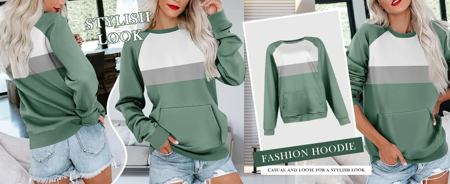 Womens Crewneck Sweatshirts Baggy Raglan Pullover Tops Lightweight Comfy Preppy Sweatshirt Fall Clothes with Pockets