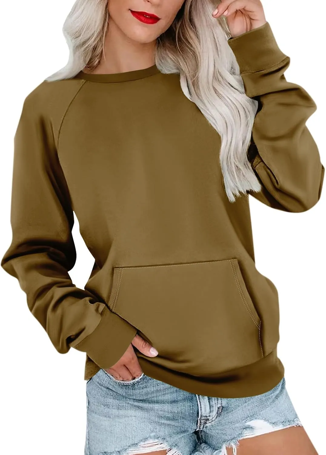 Womens Crewneck Sweatshirts Baggy Raglan Pullover Tops Lightweight Comfy Preppy Sweatshirt Fall Clothes with Pockets