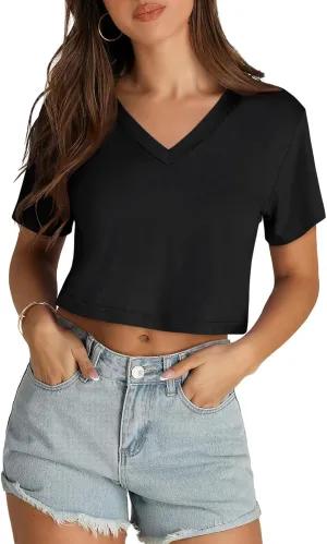Womens Crop Tops Summer Baisc Tees V Neck T Shirts Casual Short Sleeve Cropped Top