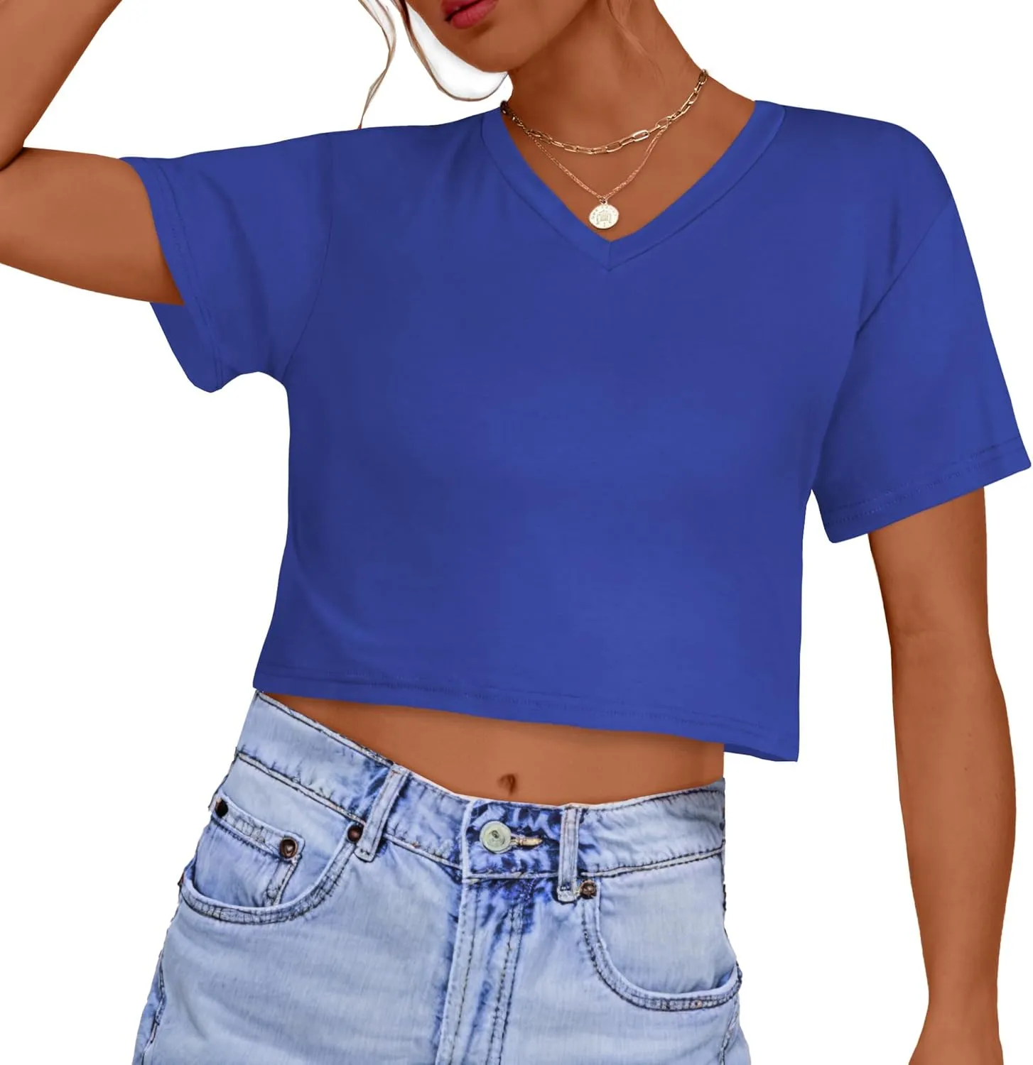 Womens Crop Tops Summer Baisc Tees V Neck T Shirts Casual Short Sleeve Cropped Top