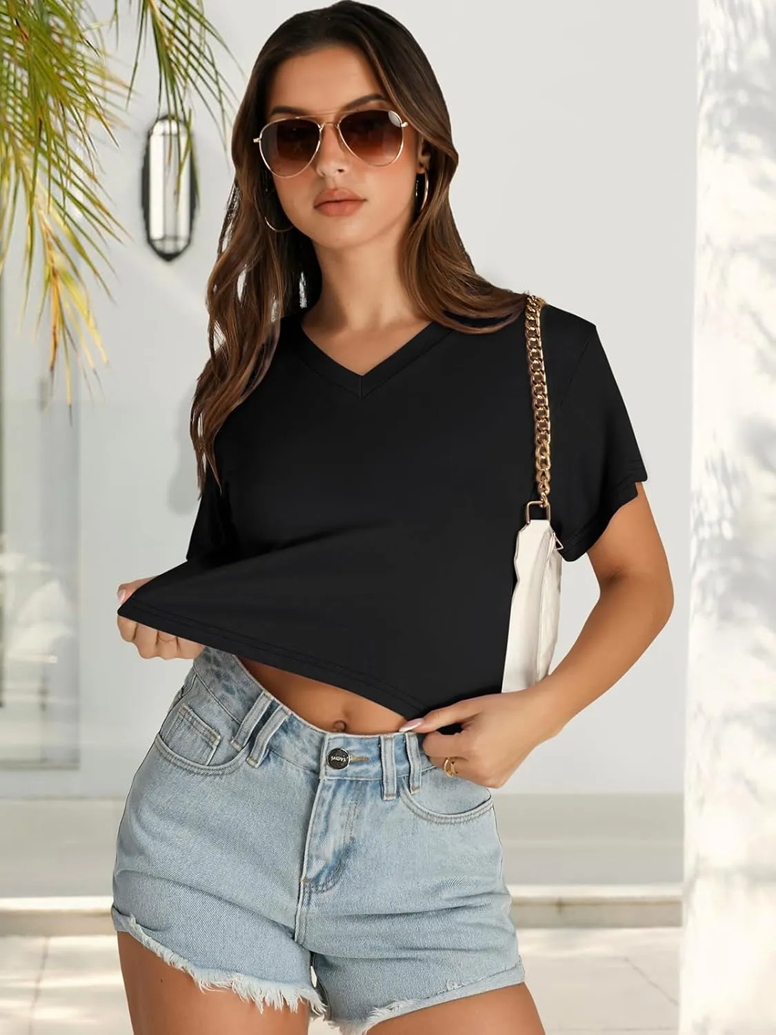 Womens Crop Tops Summer Baisc Tees V Neck T Shirts Casual Short Sleeve Cropped Top
