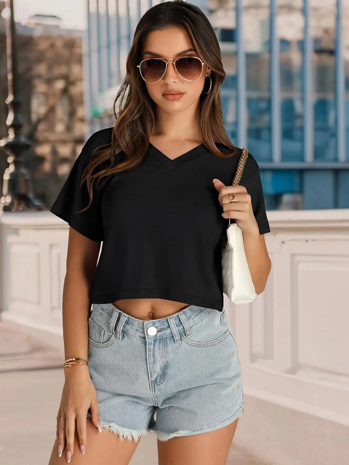 Womens Crop Tops Summer Baisc Tees V Neck T Shirts Casual Short Sleeve Cropped Top