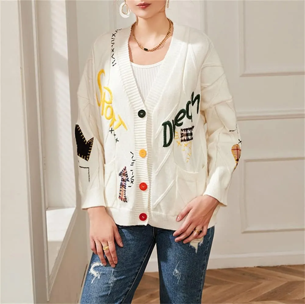 Women's Cute Cable Knit Open Front Cardigan Kawaii Long Sleeve Button Embroidered Sweater Coat Outwear