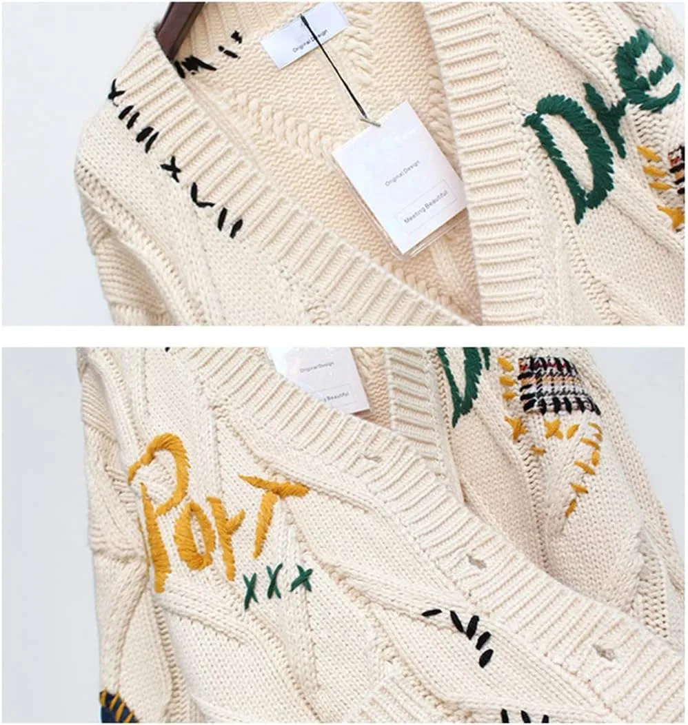 Women's Cute Cable Knit Open Front Cardigan Kawaii Long Sleeve Button Embroidered Sweater Coat Outwear
