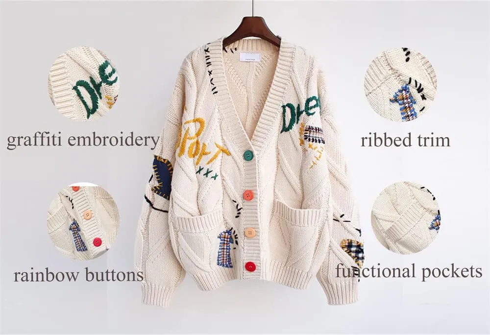 Women's Cute Cable Knit Open Front Cardigan Kawaii Long Sleeve Button Embroidered Sweater Coat Outwear