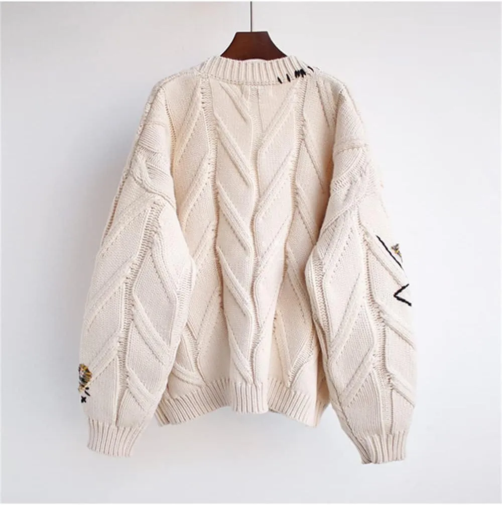 Women's Cute Cable Knit Open Front Cardigan Kawaii Long Sleeve Button Embroidered Sweater Coat Outwear