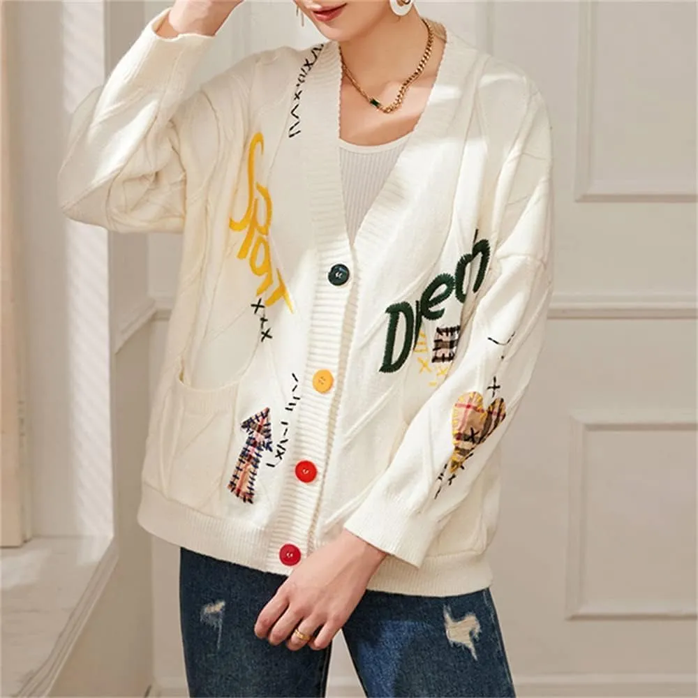 Women's Cute Cable Knit Open Front Cardigan Kawaii Long Sleeve Button Embroidered Sweater Coat Outwear