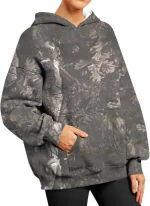 Women's Fall Outfits Camo Hoodie Maple-Leaf Print Vintage Sweatshirt Fleece Hooded Sweatshirt with Pockets