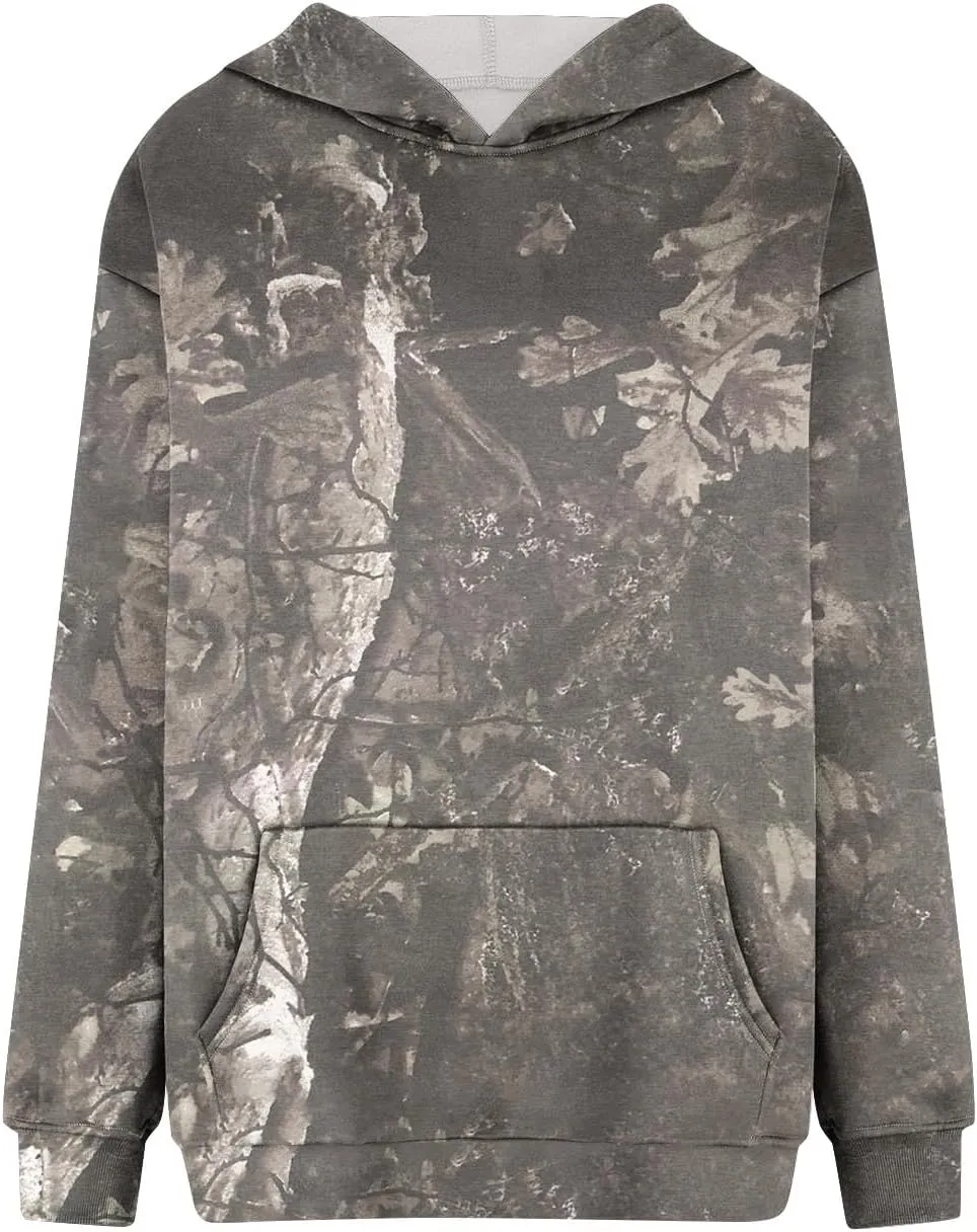 Women's Fall Outfits Camo Hoodie Maple-Leaf Print Vintage Sweatshirt Fleece Hooded Sweatshirt with Pockets