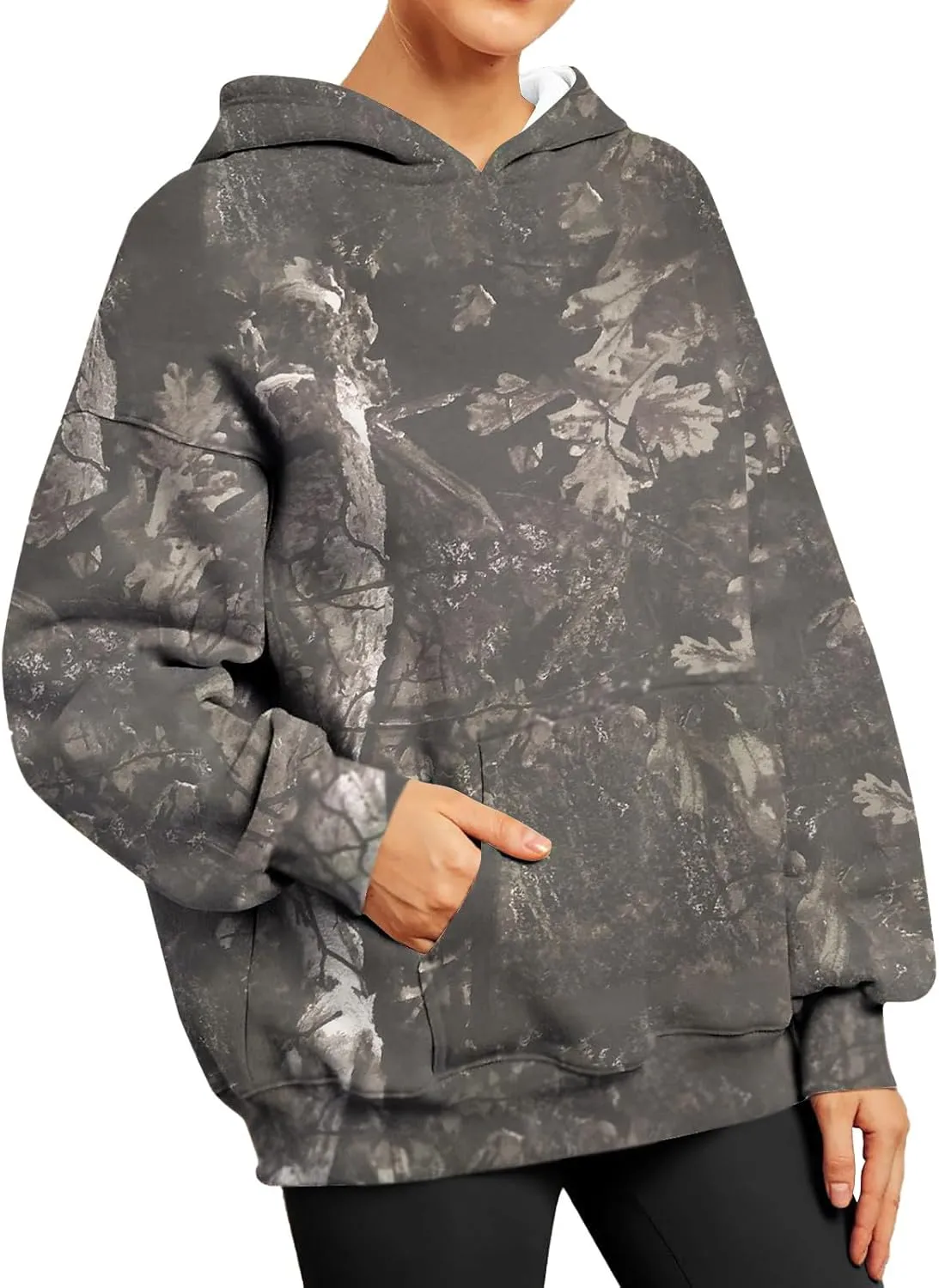 Women's Fall Outfits Camo Hoodie Maple-Leaf Print Vintage Sweatshirt Fleece Hooded Sweatshirt with Pockets