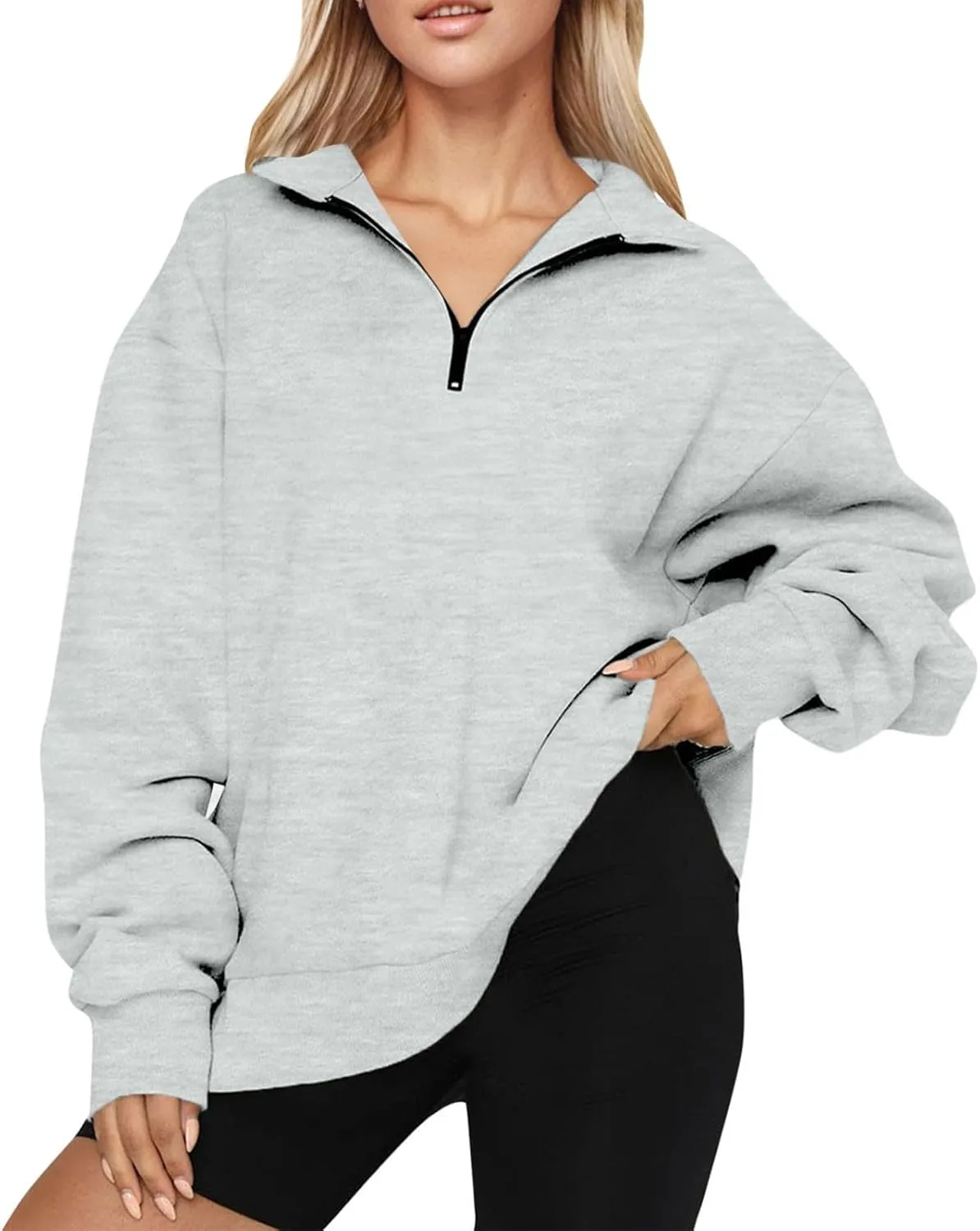 Women's Fall Winter Oversized Sweatshirt Casual Trendy Long Sleeve Quarter Zip Neck Solid Sweatshirt, S-3XL