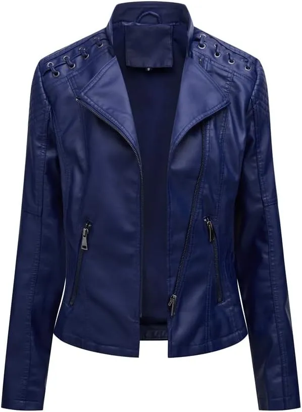 Women's Faux Leather Motorcycle Jacket Casual Fashion Lapel Zip Up Solid Color PU Cropped Biker Coat with Pockets