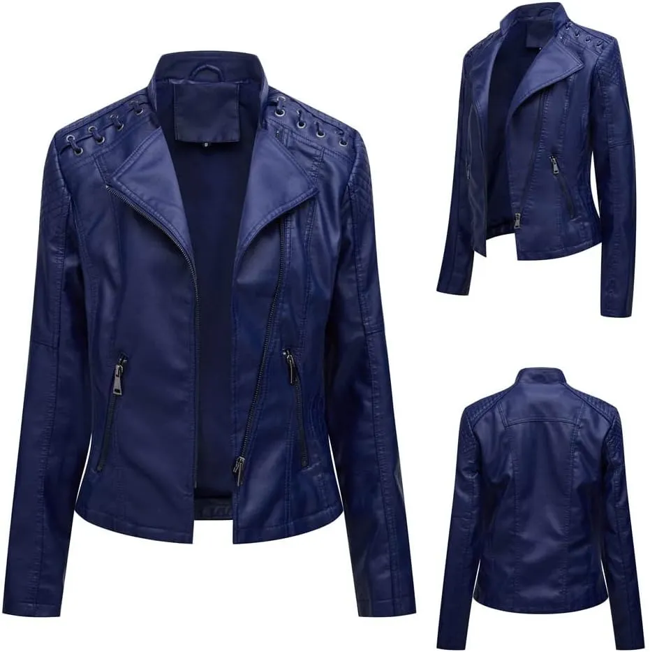 Women's Faux Leather Motorcycle Jacket Casual Fashion Lapel Zip Up Solid Color PU Cropped Biker Coat with Pockets