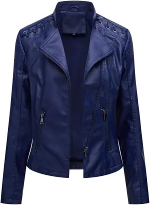 Women's Faux Leather Motorcycle Jacket Casual Fashion Lapel Zip Up Solid Color PU Cropped Biker Coat with Pockets