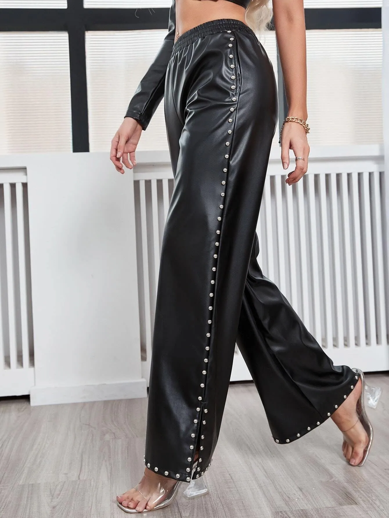Women's Faux Leather Pants High Waisted Wide Leg Studded Trousers with Pockets Black