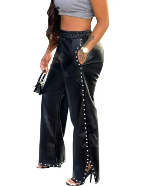 Women's Faux Leather Pants High Waisted Wide Leg Studded Trousers with Pockets Black