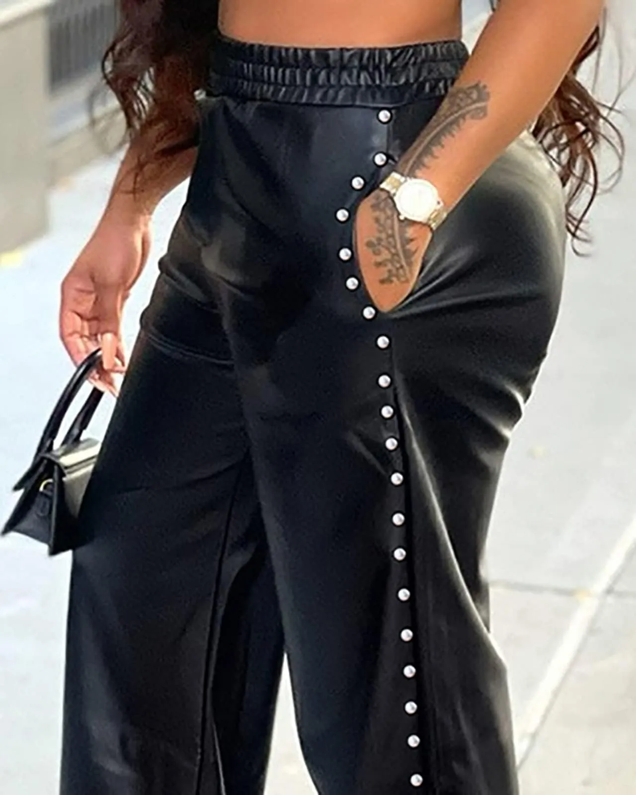 Women's Faux Leather Pants High Waisted Wide Leg Studded Trousers with Pockets Black