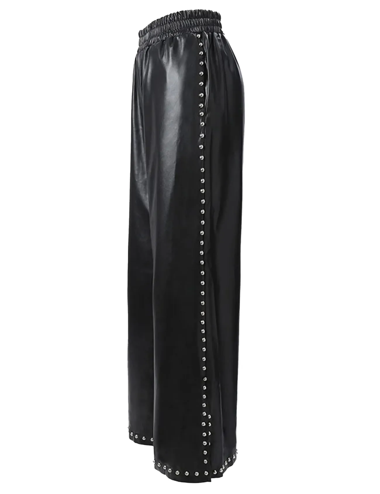 Women's Faux Leather Pants High Waisted Wide Leg Studded Trousers with Pockets Black
