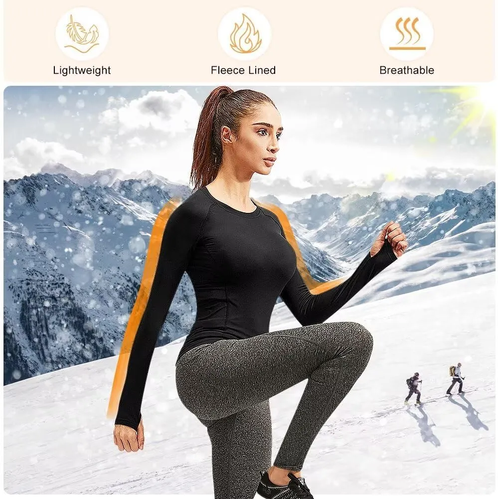 Women's Fleece Lined Thermal Long Sleeve Running Athletic Shirts Compression Base Layer Yoga Shirts for Women