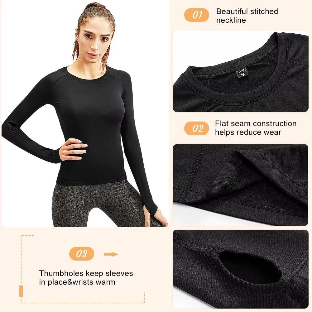 Women's Fleece Lined Thermal Long Sleeve Running Athletic Shirts Compression Base Layer Yoga Shirts for Women