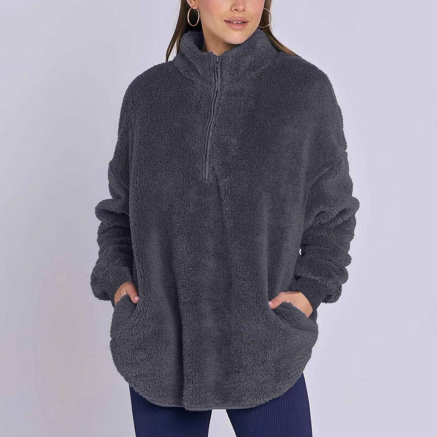 Womens Fleece Sweatshirt Half Zip Up Oversized Long Sleeve Sherpa Pullover Winter Warm Comfy Solid Color Fuzzy Tops