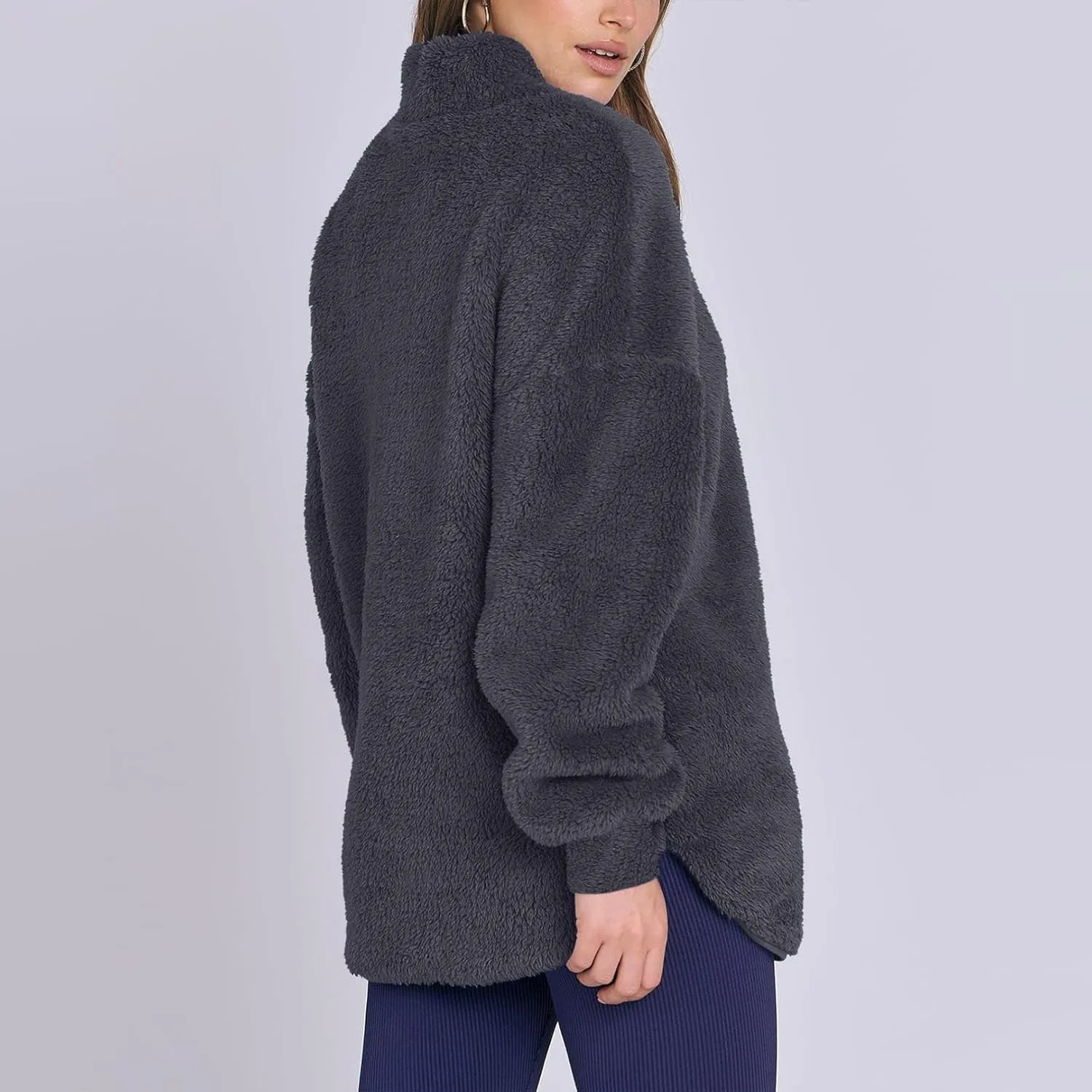 Womens Fleece Sweatshirt Half Zip Up Oversized Long Sleeve Sherpa Pullover Winter Warm Comfy Solid Color Fuzzy Tops