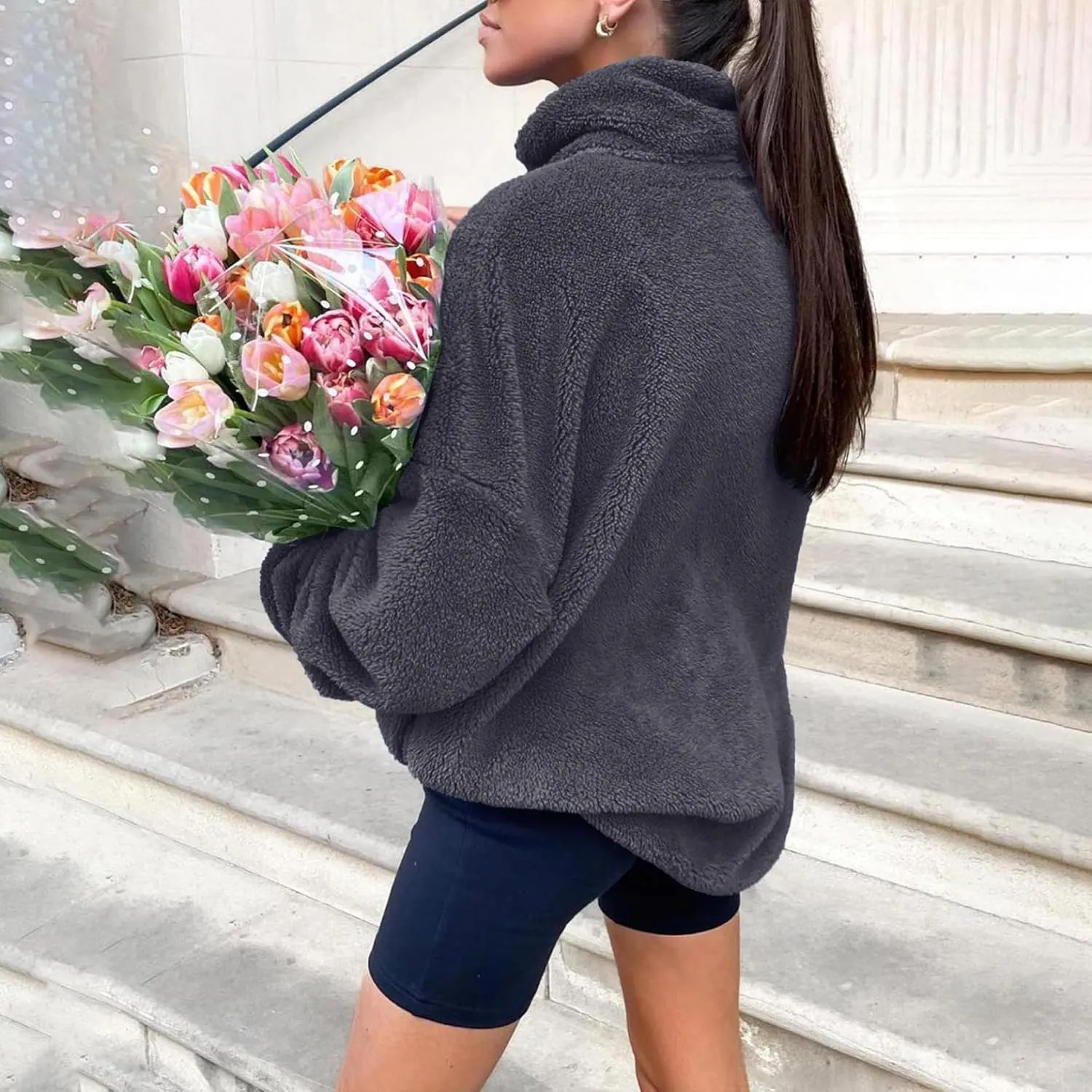 Womens Fleece Sweatshirt Half Zip Up Oversized Long Sleeve Sherpa Pullover Winter Warm Comfy Solid Color Fuzzy Tops