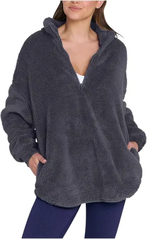 Womens Fleece Sweatshirt Half Zip Up Oversized Long Sleeve Sherpa Pullover Winter Warm Comfy Solid Color Fuzzy Tops